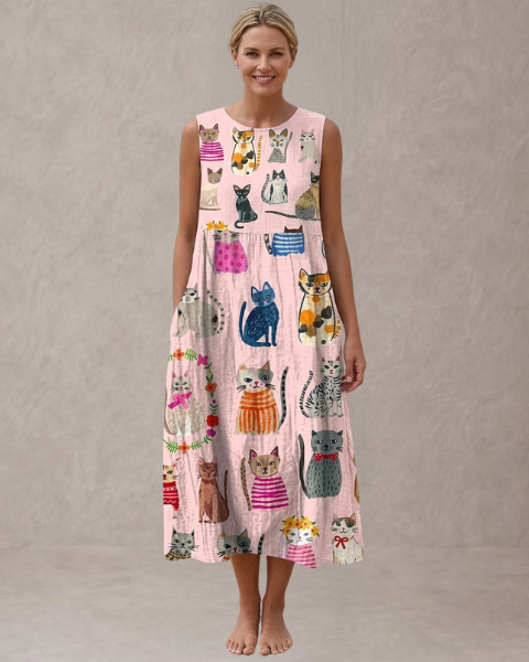 Mia – Vestido Midi con Estampado de Gatos
