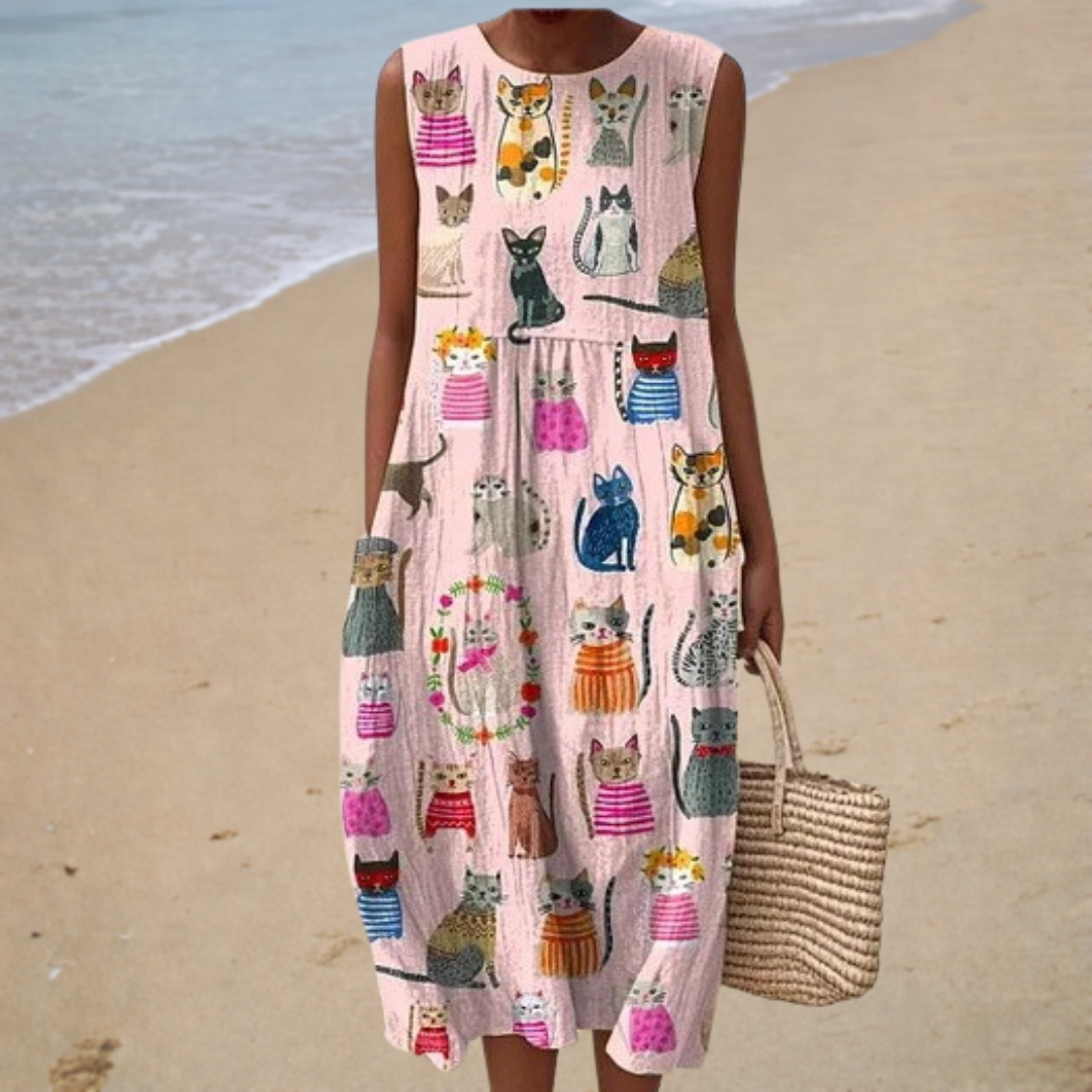 Mia – Vestido Midi con Estampado de Gatos