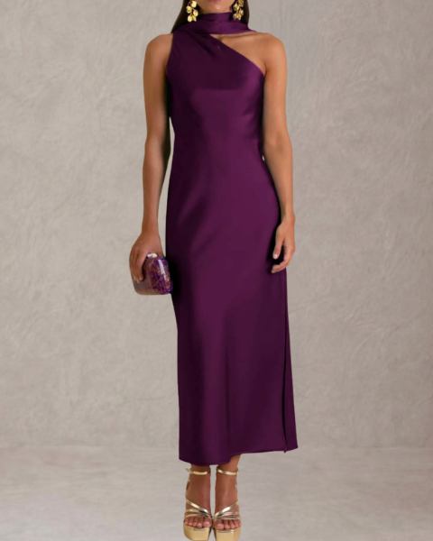 Clara – Vestido Midi Asimétrico Satinado