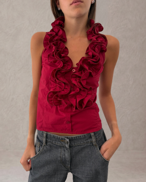 Valeria – Top Halter Granate con Volantes