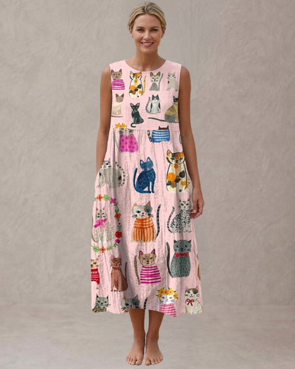 Mia – Vestido Midi con Estampado de Gatos