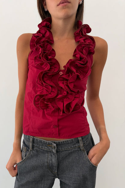 Valeria – Top Halter Granate con Volantes