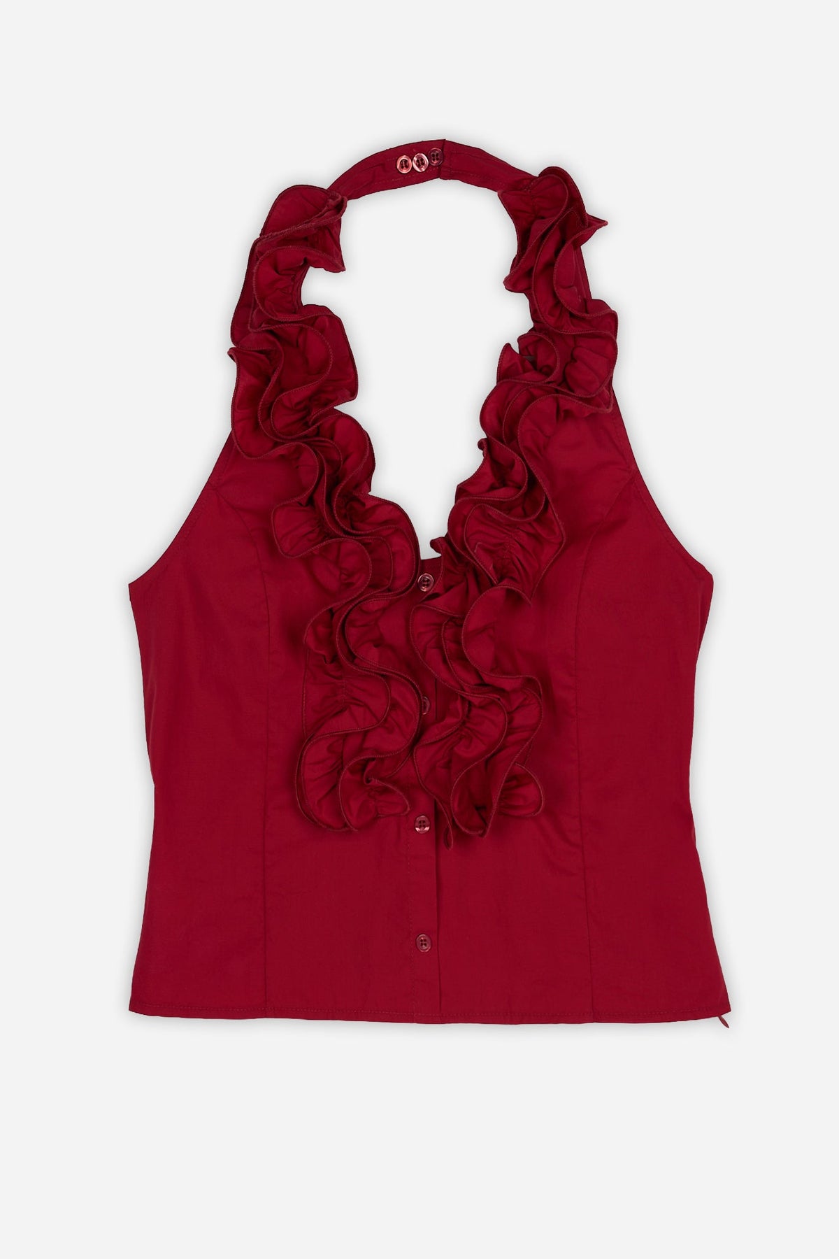Valeria – Top Halter Granate con Volantes