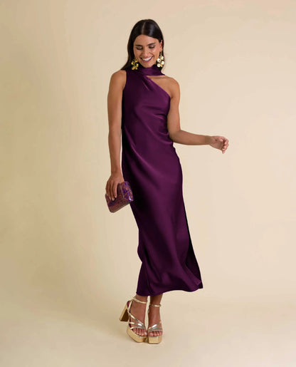 Clara – Vestido Midi Asimétrico Satinado